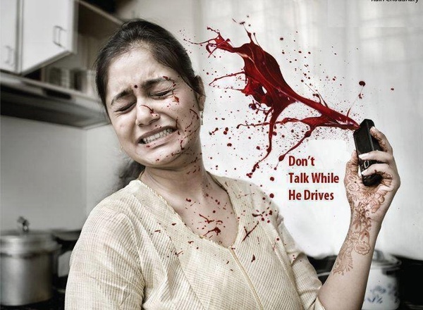 Ad campaign by Bangalore traffic police against distracted driving: Don't talk while he drives.